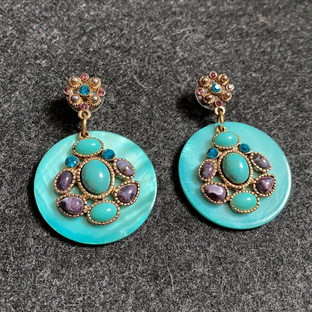 Blue turquoise and amethyst stones decorated vintage rare earrings